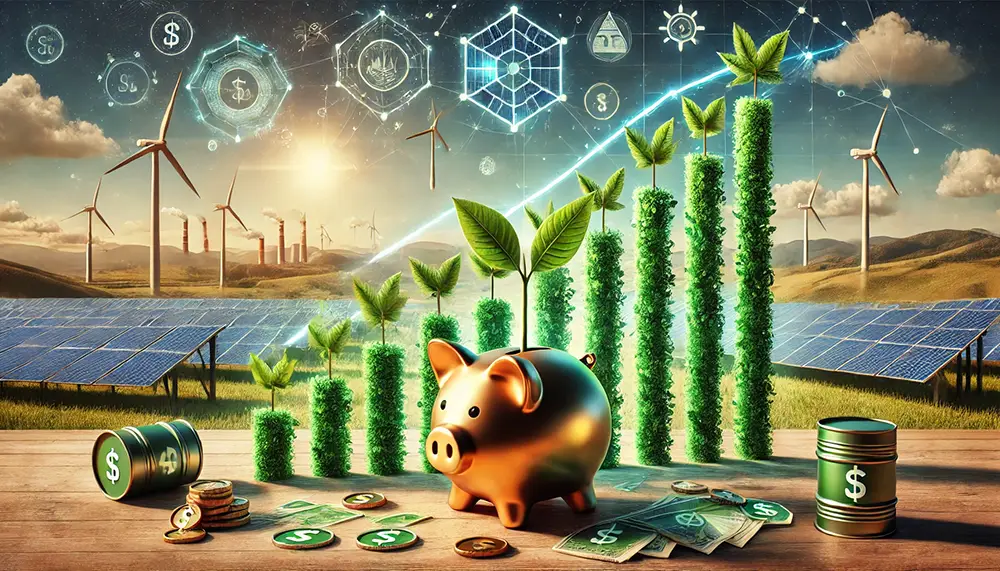 Investissement éco-responsable, illustration , tirelire, argent, panneaux solaires et écologie