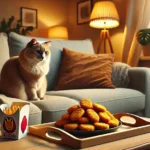 bien-être animal: chat sur un canapé regardant des nuggets sur la table