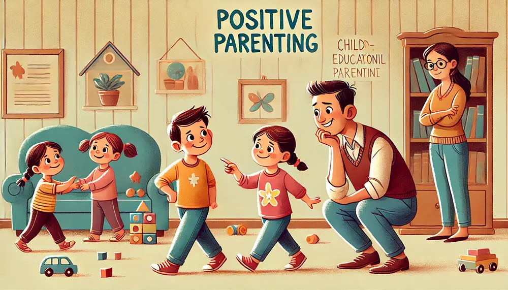 éducation positive, illustration d'une garderie avec des parents et enfants