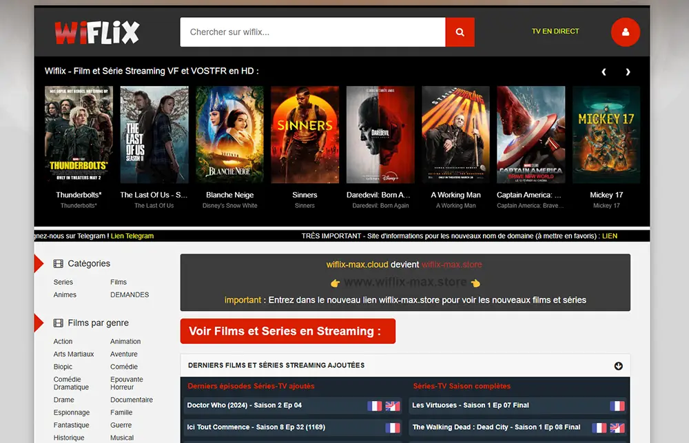 wiflix capture d'écran de la page d'accueil du site de streaming