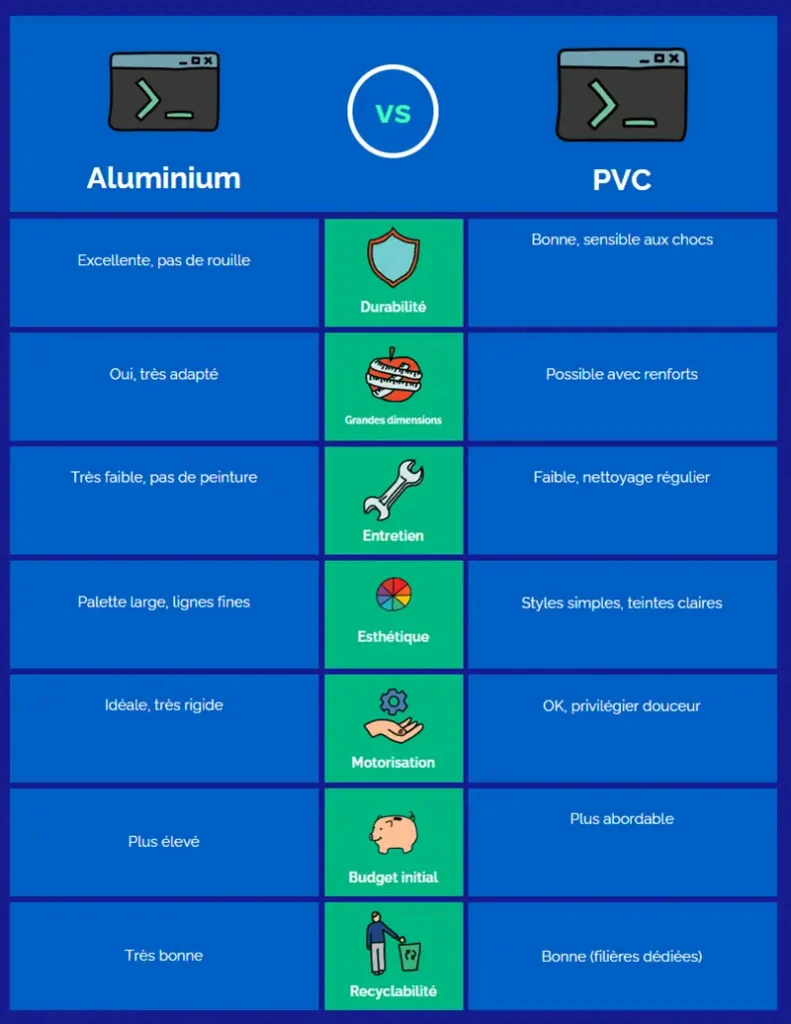 Infographie comparative matériaux Alu et PVC pour portails