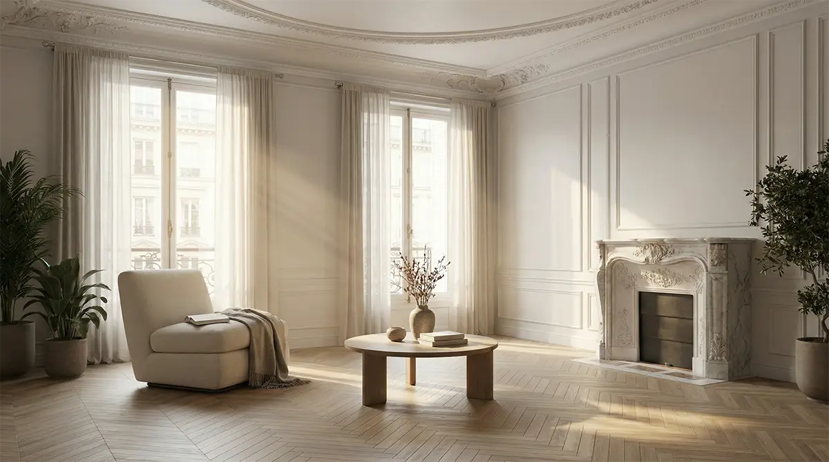 Intérieur d'appartement lumineux et calme, illustrant le confort acoustique obtenu après des travaux d'isolation phonique.