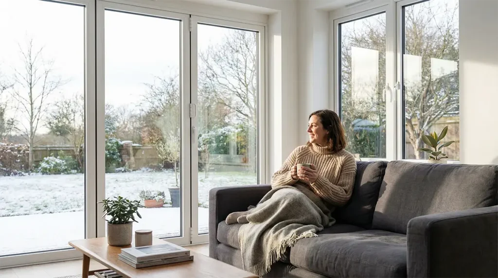 salon confortable avec grandes fenêtres neuves et vue sur l'extérieur en hiver