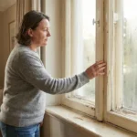 Propriétaire inspectant une vieille fenêtre en bois présentant des signes d'usure et de condensation