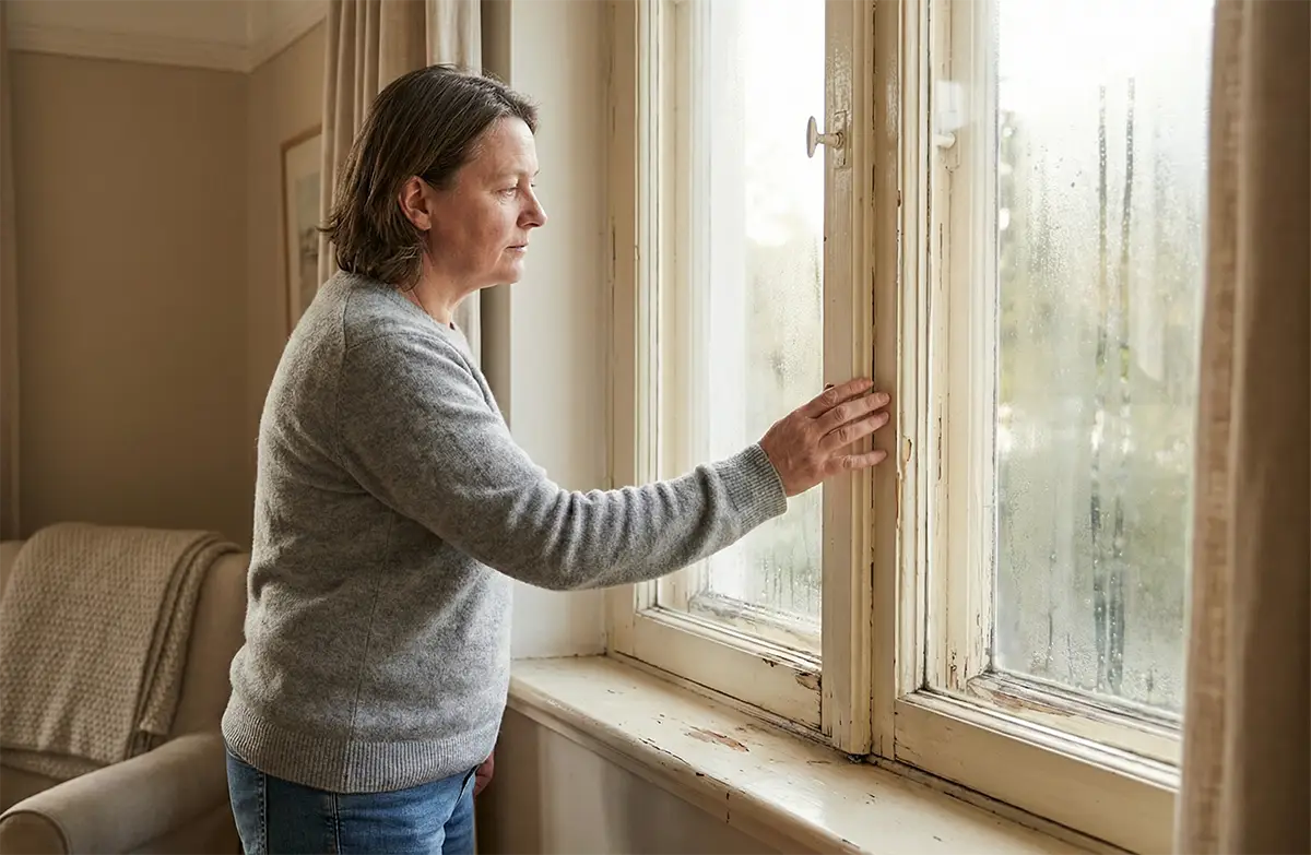 Propriétaire inspectant une vieille fenêtre en bois présentant des signes d'usure et de condensation