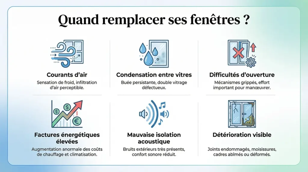 infographie indiquant les 6 signes qui indiquent que vous devez remplacer vos fenêtres