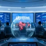 Centre de surveillance épidémiologique avec carte mondiale, alertes en Asie du Sud, ambiance OMS
