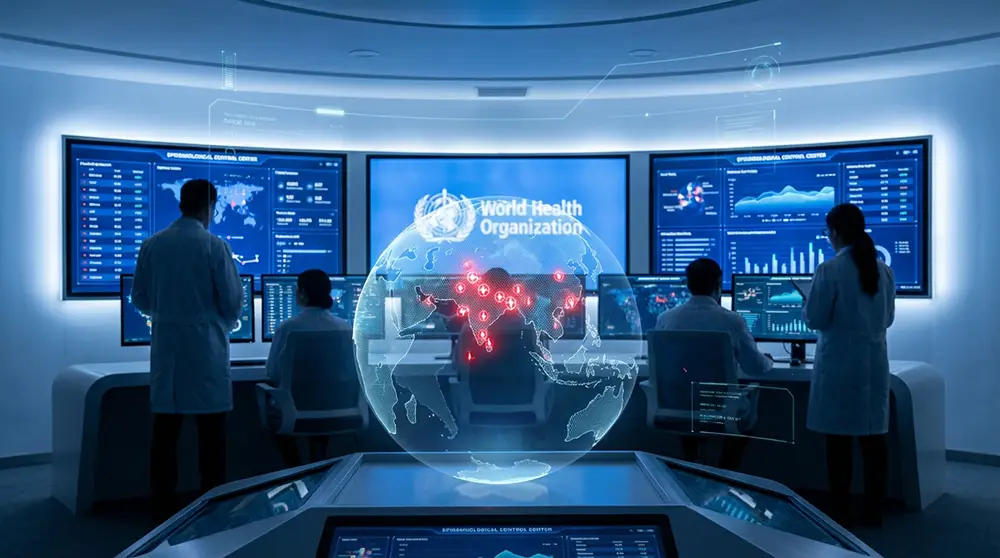 Centre de surveillance épidémiologique avec carte mondiale, alertes en Asie du Sud, ambiance OMS