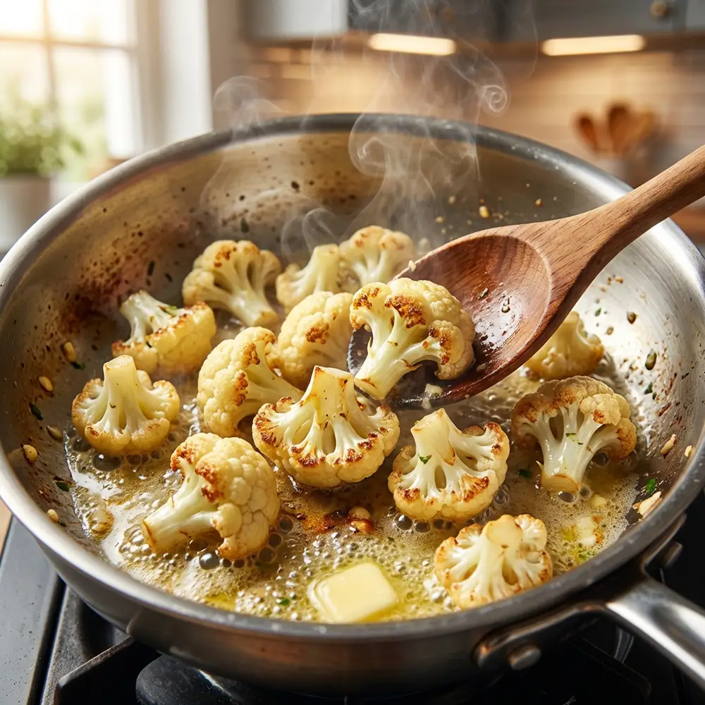 Bouquets de chou-fleur en train de dorer dans du beurre fondu dans une casserole en inox, étape clé de la recette de Cyril Lignac