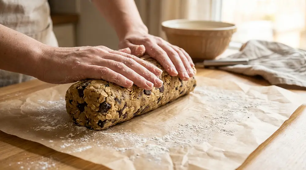 Boudin de pâte à cookies Cyril Lignac enroulé dans du papier sulfurisé avant repos au réfrigérateur