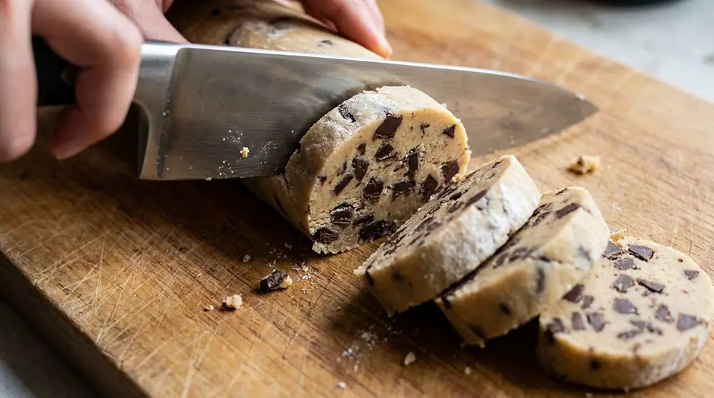 Couteau tranchant découpant des rondelles de 2,5 cm de pâte à cookies Cyril Lignac sur planche en bois