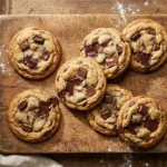Cookies Cyril Lignac aux deux chocolats posés sur une planche en bois, fondants et dorés