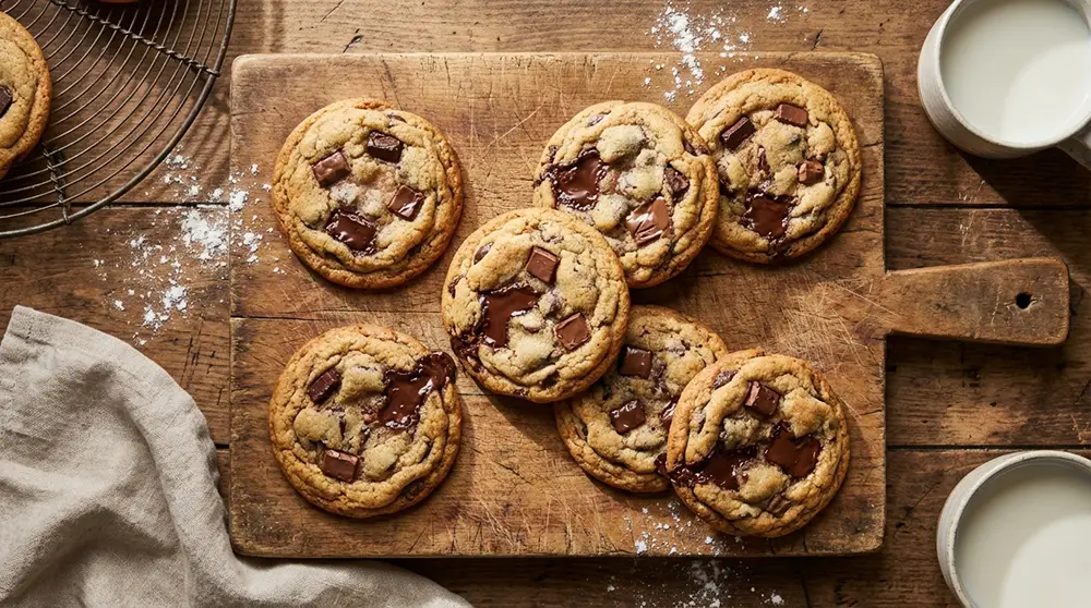 Cookies Cyril Lignac aux deux chocolats posés sur une planche en bois, fondants et dorés