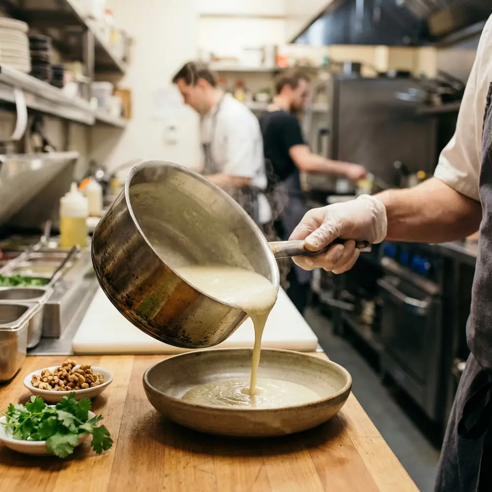 Mains d'un chef versant un velouté de chou-fleur crémeux dans une assiette creuse avec garnitures de noix et coriandre