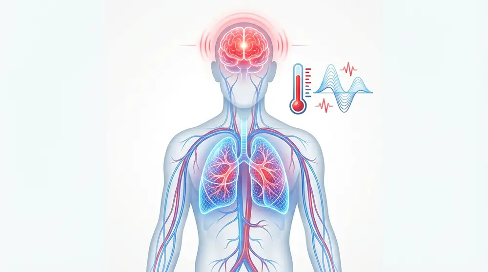 Illustration médicale : silhouette humaine avec zones affectées par le virus Nipah (cerveau/encéphalite, poumons)