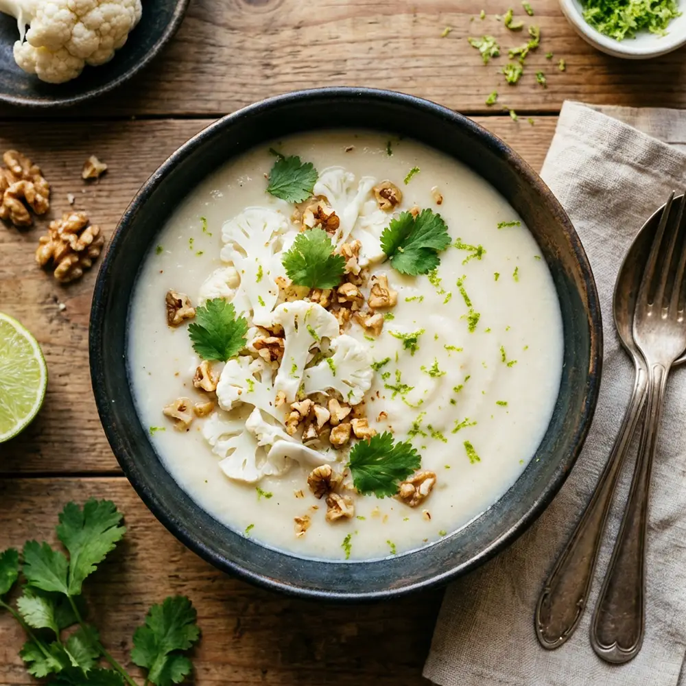 Bol de velouté de chou-fleur crémeux garni de lamelles crues, noix torréfiées, coriandre et zeste de citron vert, recette Cyril Lignac