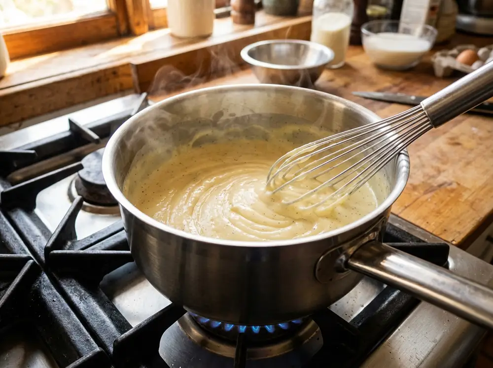 Casserole avec crème vanille épaisse et fouet en mouvement sur feu moyen