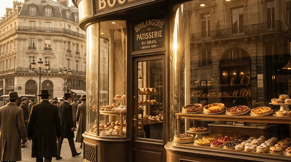 Boulangerie parisienne ancienne avec flan en devanture, ambiance XIXe siècle