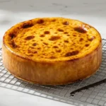 Flan parisien entier sur grille, surface caramélisée avec cloques dorées et gousse de vanille