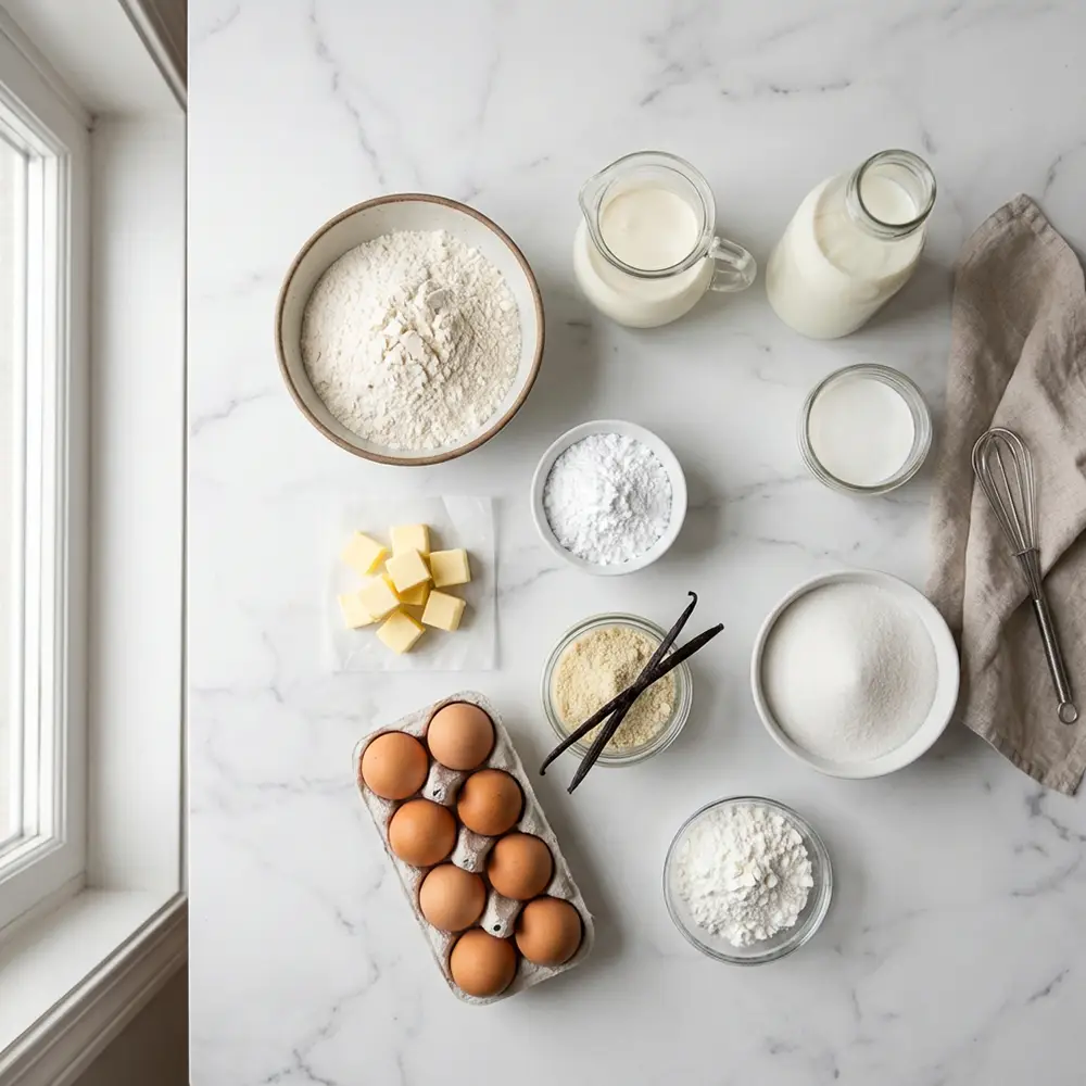 Vue de dessus des ingrédients de la recette : farine, beurre, œufs, vanille, crème, lait, sucre