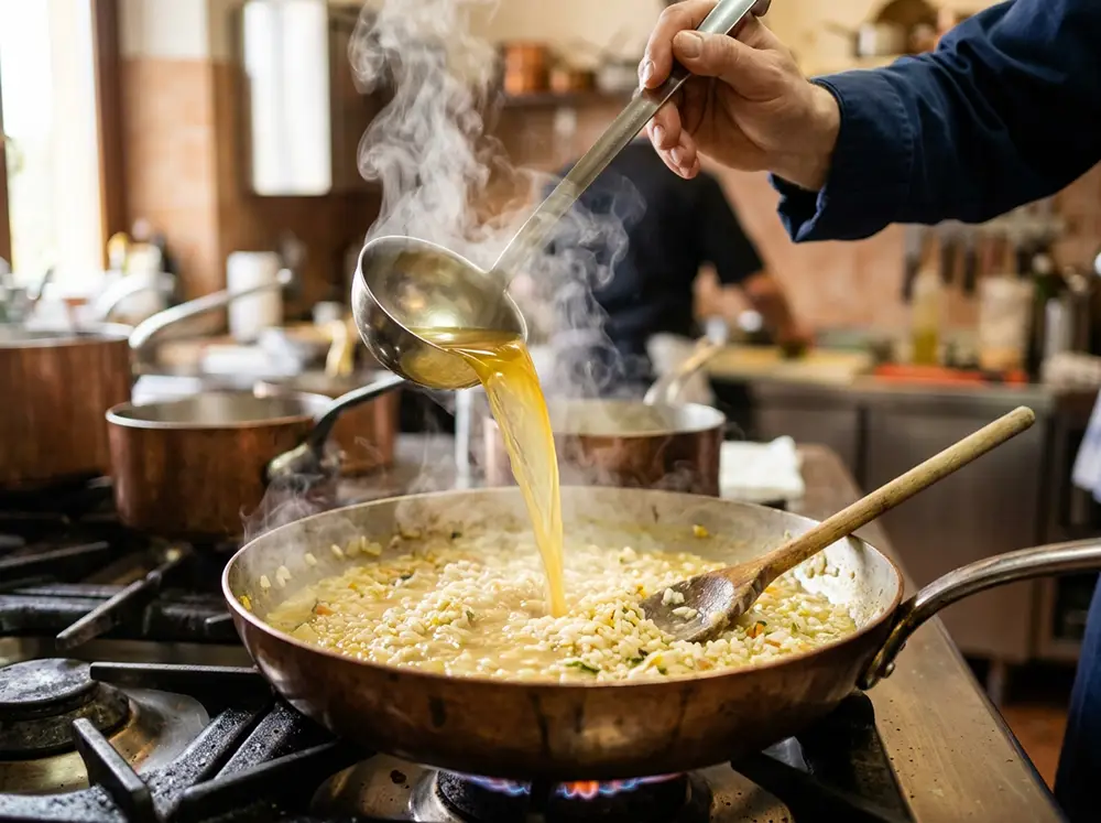 Louche de bouillon de légumes chaud versée progressivement dans un risotto al limone en cuisson