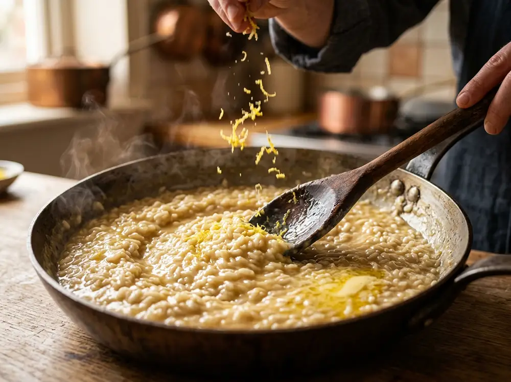 Cuillère en bois incorporant beurre et parmesan dans un risotto citron lors de la mantecatura