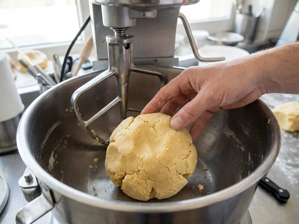 pâte à flan dans un batteur de cuisine, prêt à être étalée.