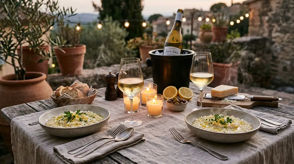 Table dressée avec deux bols de risotto al limone, une bouteille de vin blanc sec et deux verres à vin