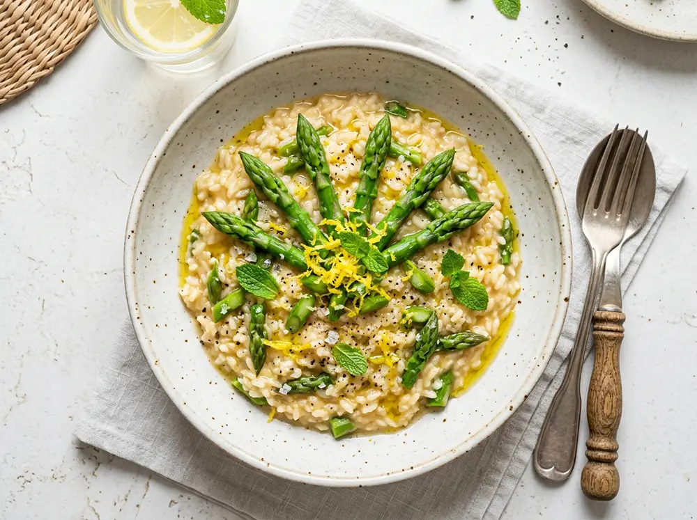 Bol de risotto citron garni de pointes d'asperges, de menthe fraîche et de zeste de citron, version Cook with Jamie