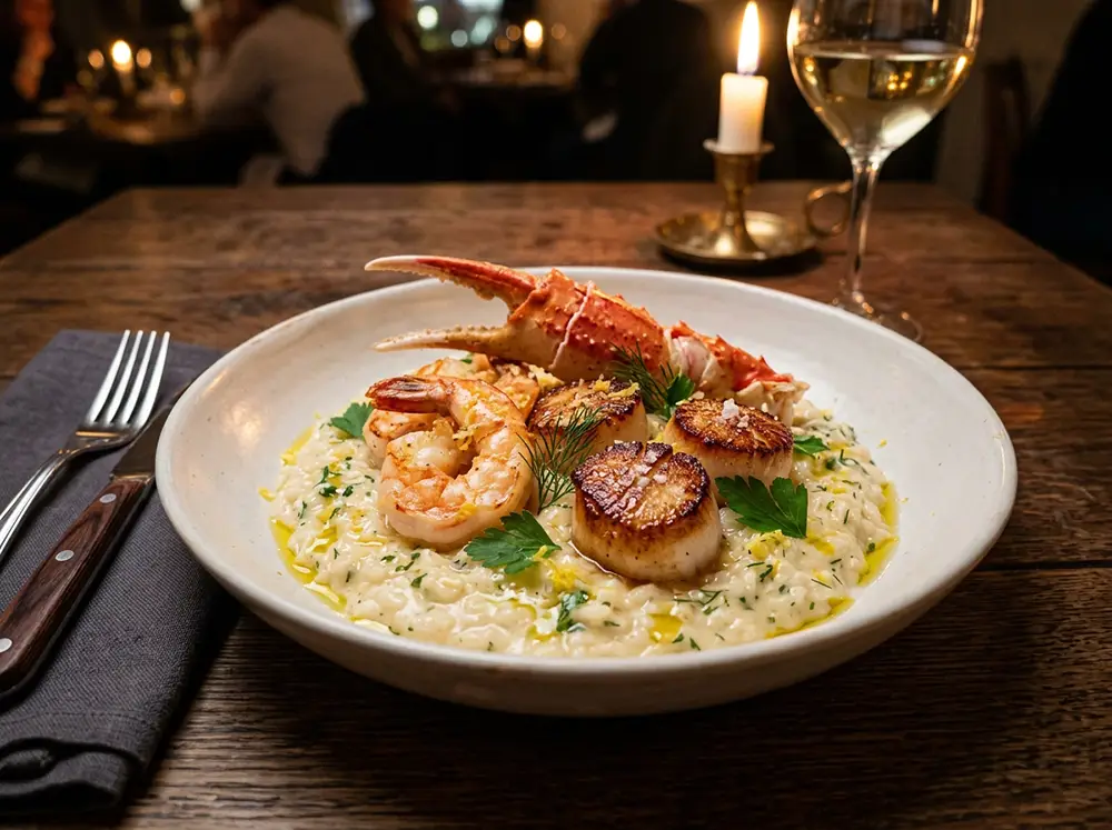 Bol de risotto au citron garni de crevettes roses et de noix de Saint-Jacques snackées, présentation gastronomique