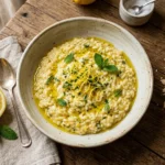 Bol de risotto al limone crémeux garni de zeste de citron, menthe fraîche et huile d'olive extra vierge