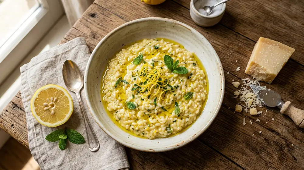 Bol de risotto al limone crémeux garni de zeste de citron, menthe fraîche et huile d'olive extra vierge