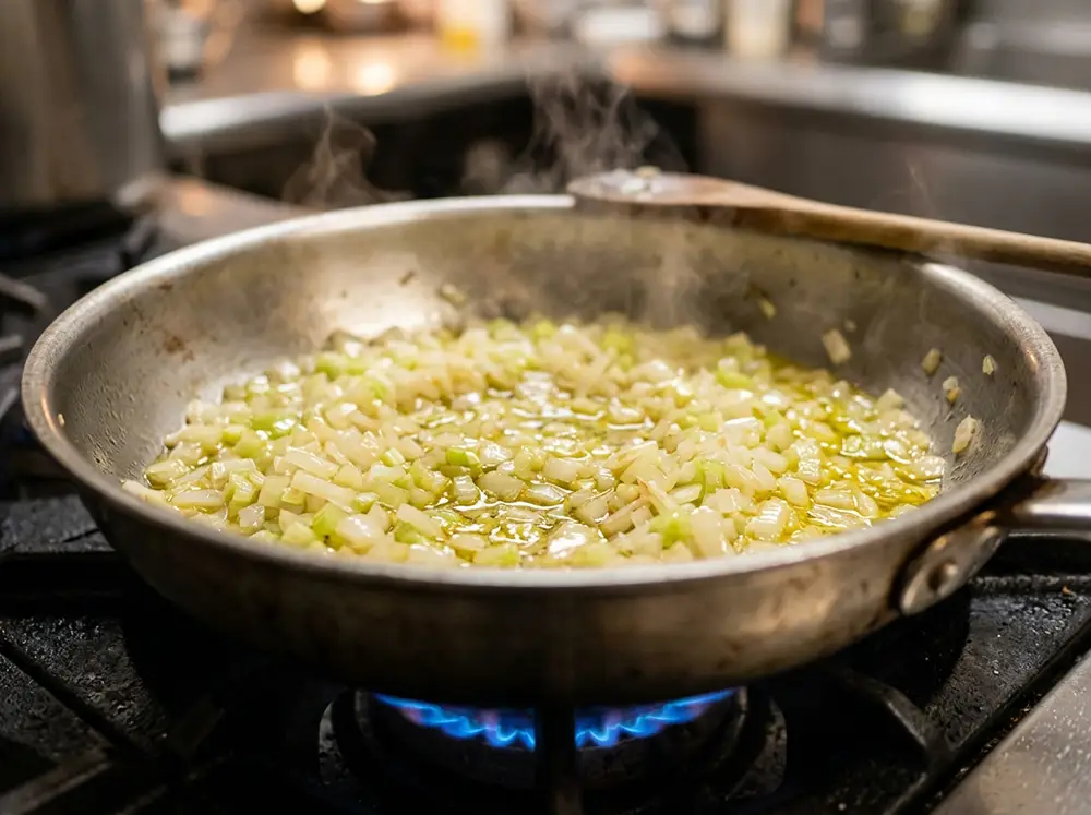 Oignon et céleri finement émincés fondant doucement dans l'huile d'olive pour réaliser un soffritto de risotto