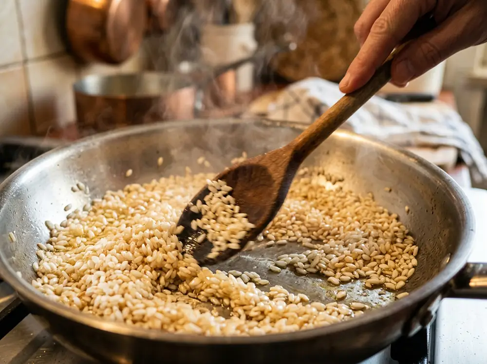 Grains de riz arborio toastés à la cuillère en bois dans une casserole chaude, étape tostatura du risotto