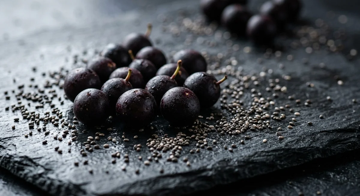 Baies d'açaï fraîches et graines de chia sur fond sombre avec reflets violets