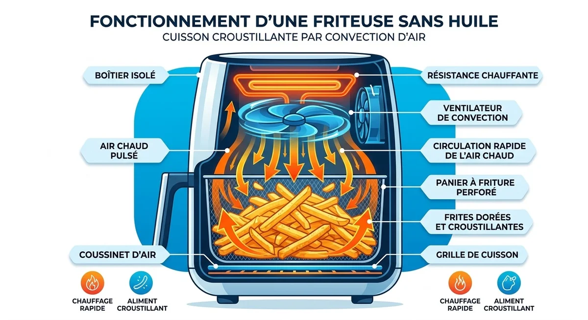 Schéma illustrant la circulation d'air chaud pulsé à l'intérieur d'un air fryer avec des aliments croustillants