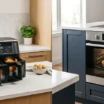 Air fryer posé sur un plan de travail à côté d'un four traditionnel encastrable, cuisine moderne