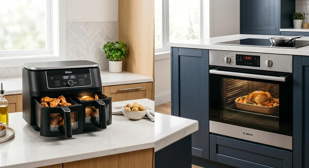 Air fryer posé sur un plan de travail à côté d'un four traditionnel encastrable, cuisine moderne