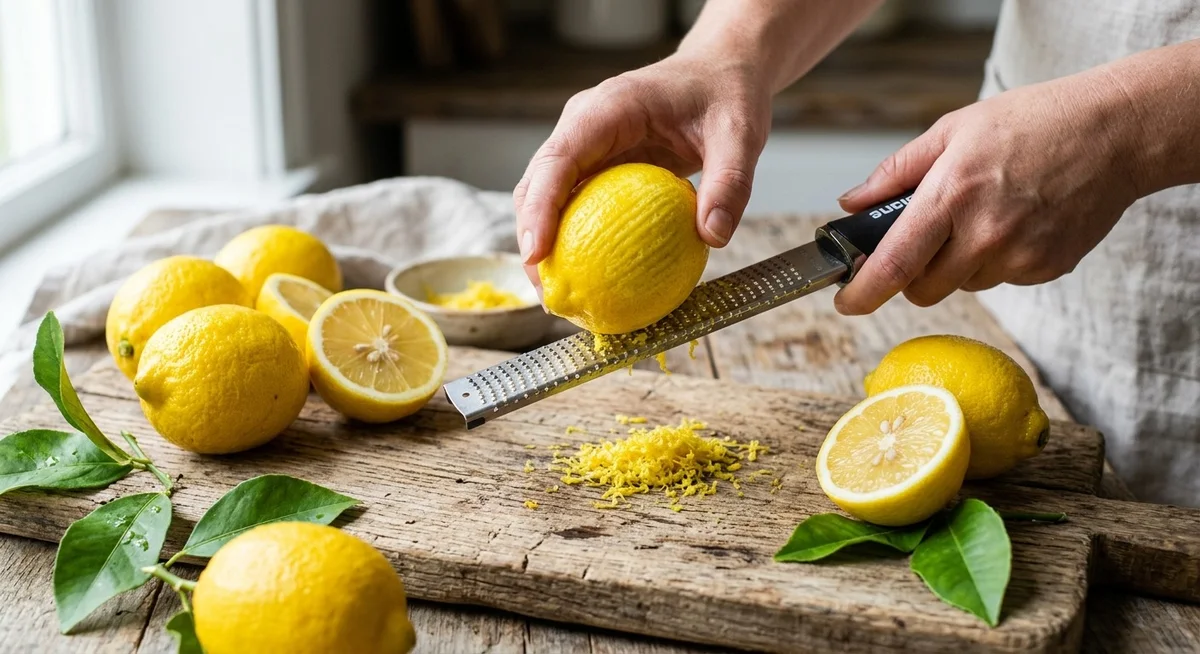 Citrons jaunes bio non traités avec feuilles sur une planche en bois, pour réaliser une tarte au citron