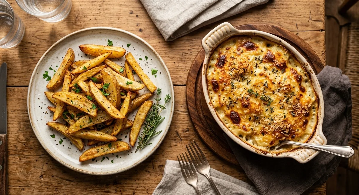 Tableau comparatif des types de cuisson entre air fryer et four traditionnel — frites, gratins, pâtisseries