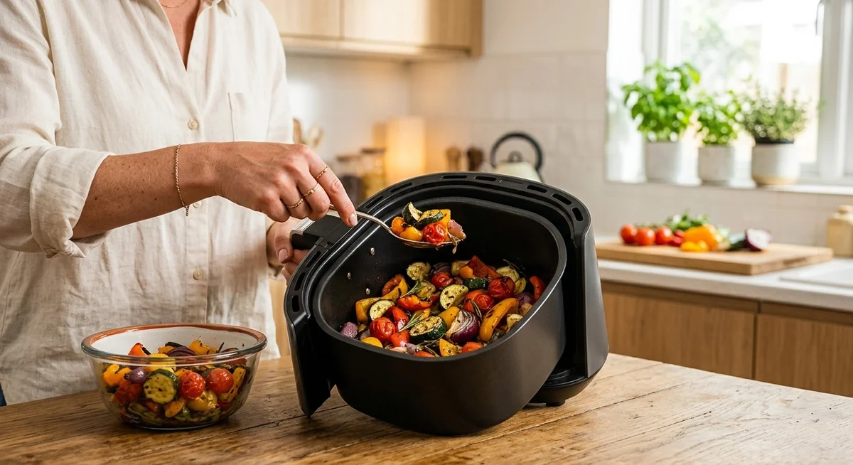 Personne utilisant un air fryer pour cuisiner des légumes rôtis dans une cuisine familiale
