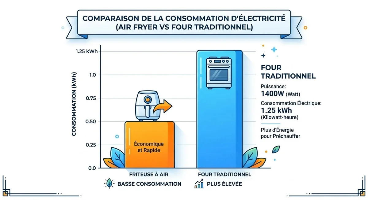 Graphique comparatif de la consommation électrique en kWh d'un air fryer versus un four traditionnel