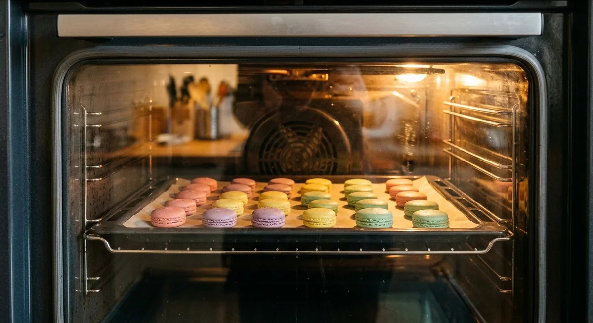 Macarons en cours de cuisson dans un four électrique domestique avec collerette en formation