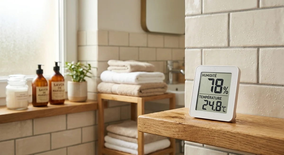 Hygromètre numérique indiquant un taux d'humidité élevé dans une salle de bain