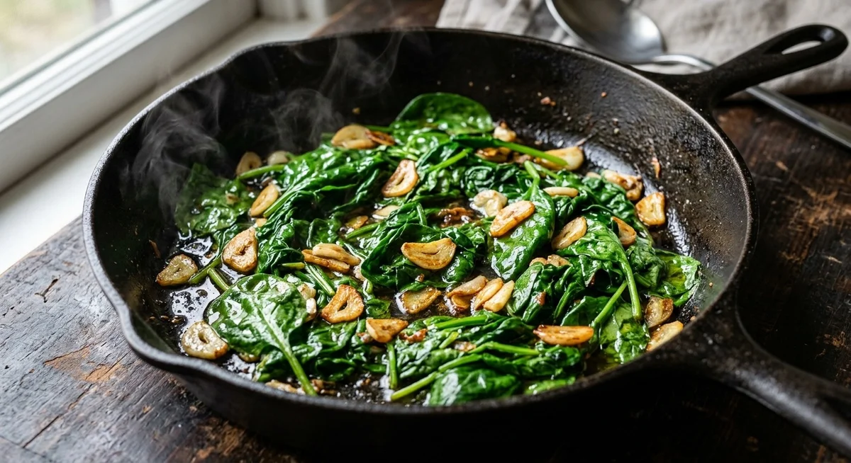 Poêle avec des épinards frais sautés à l'ail et à l'huile d'olive, légèrement tombés et brillants