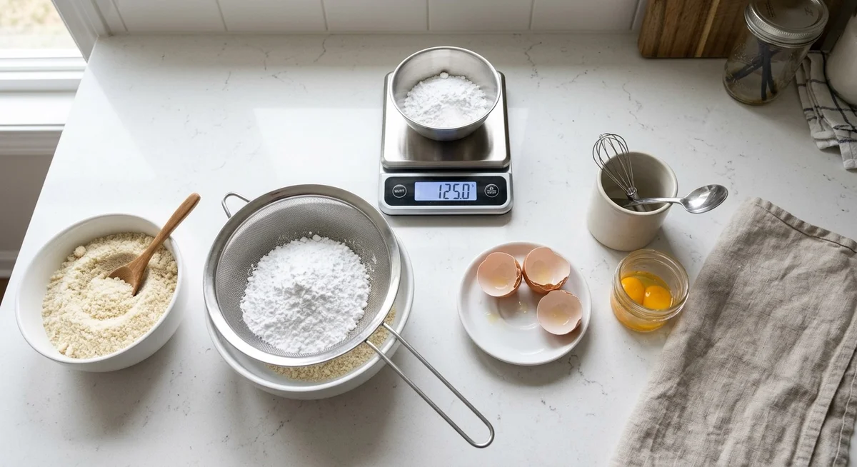 Poudre d'amande et sucre glace tamisés sur plan de travail pour macarons maison
