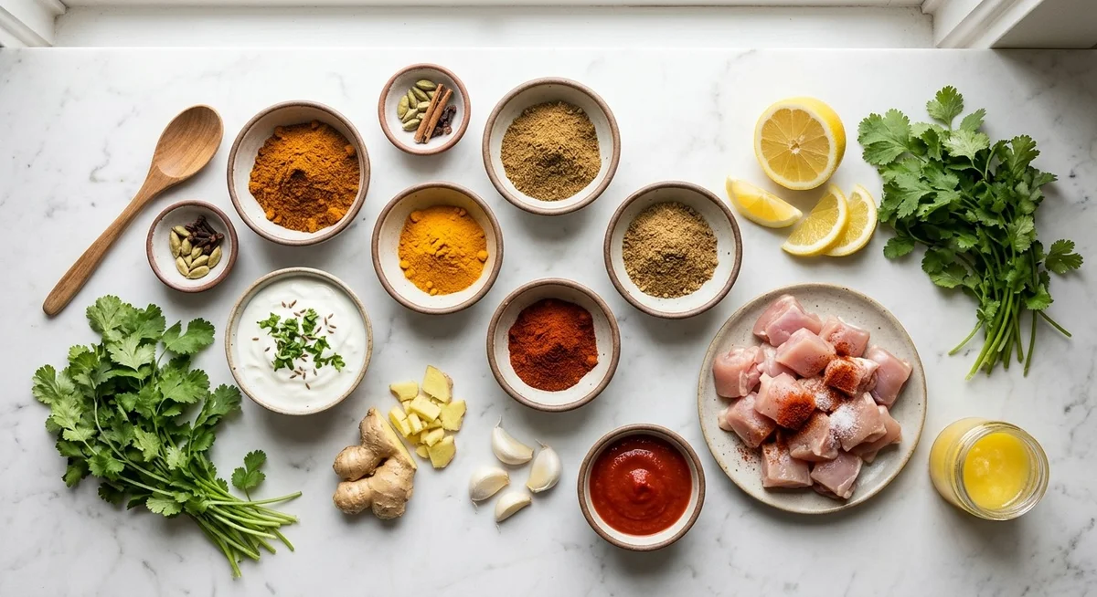 Épices pour marinade poulet au beurre : garam masala cumin curcuma gingembre ail yaourt