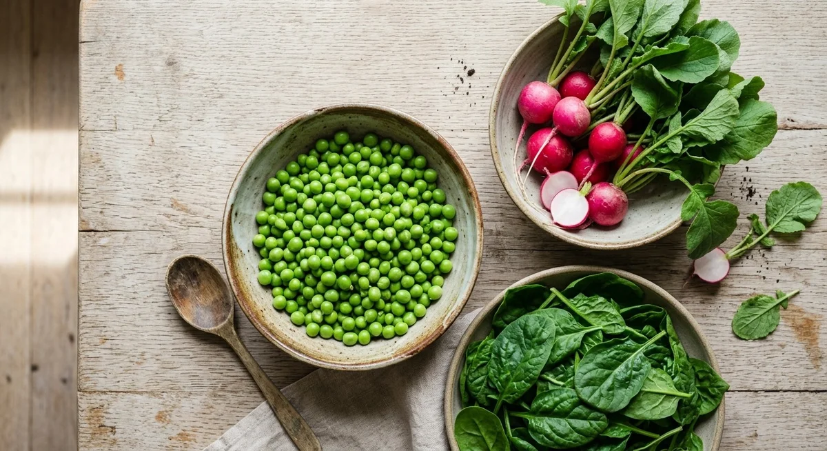Saladier de petits pois frais, botte de radis roses et épinards verts sur fond de bois clair – légumes de printemps