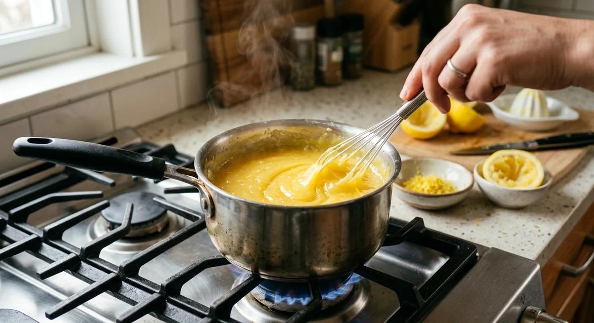 Lemon curd jaune vif en train d'épaissir dans une casserole avec un fouet, pour garnir une tarte au citron