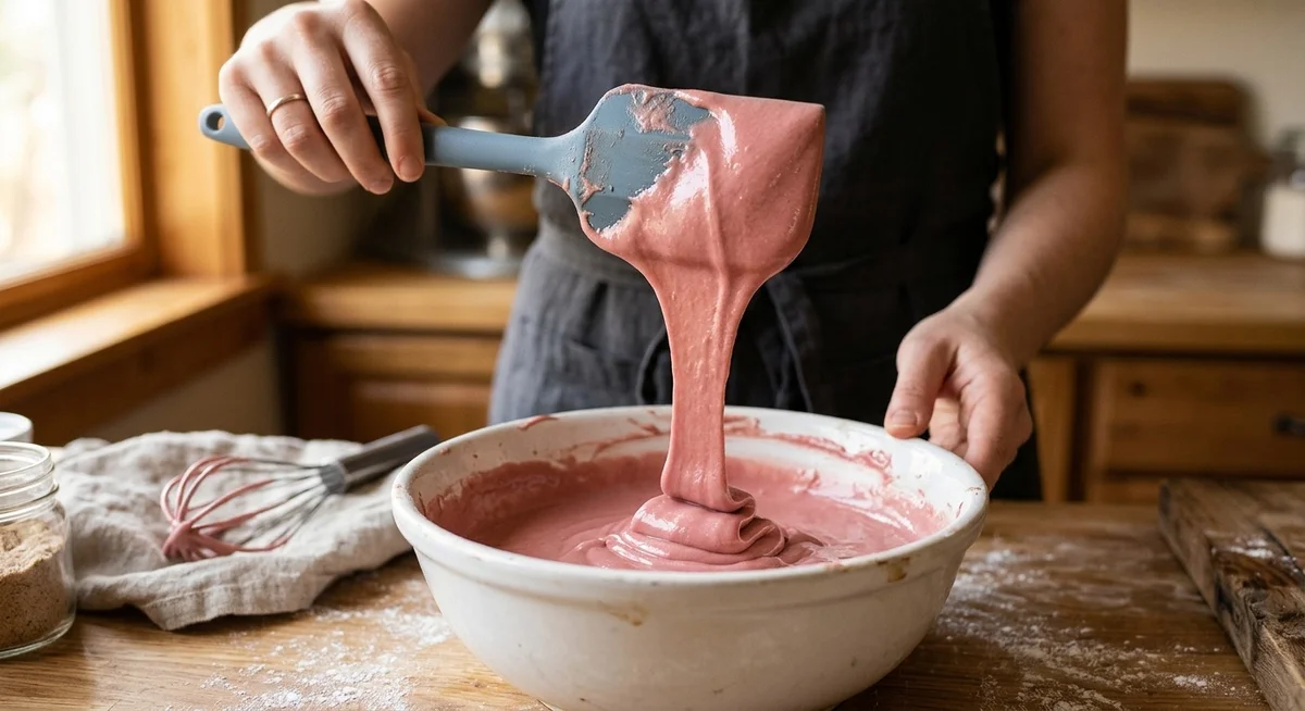 Spatule maryse montrant la pâte à macarons former un ruban brillant lors du macaronnage